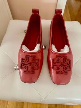Tory Burch Red Leather Logo Square-Toe Slip-On Flats